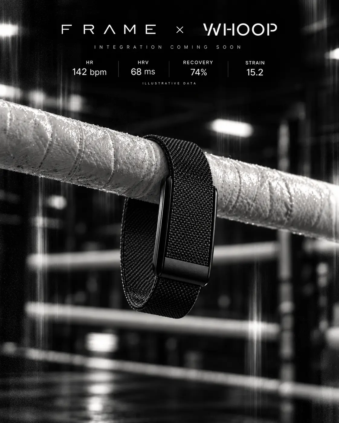 FRAME and WHOOP planned integration artwork; displayed physiological data is illustrative