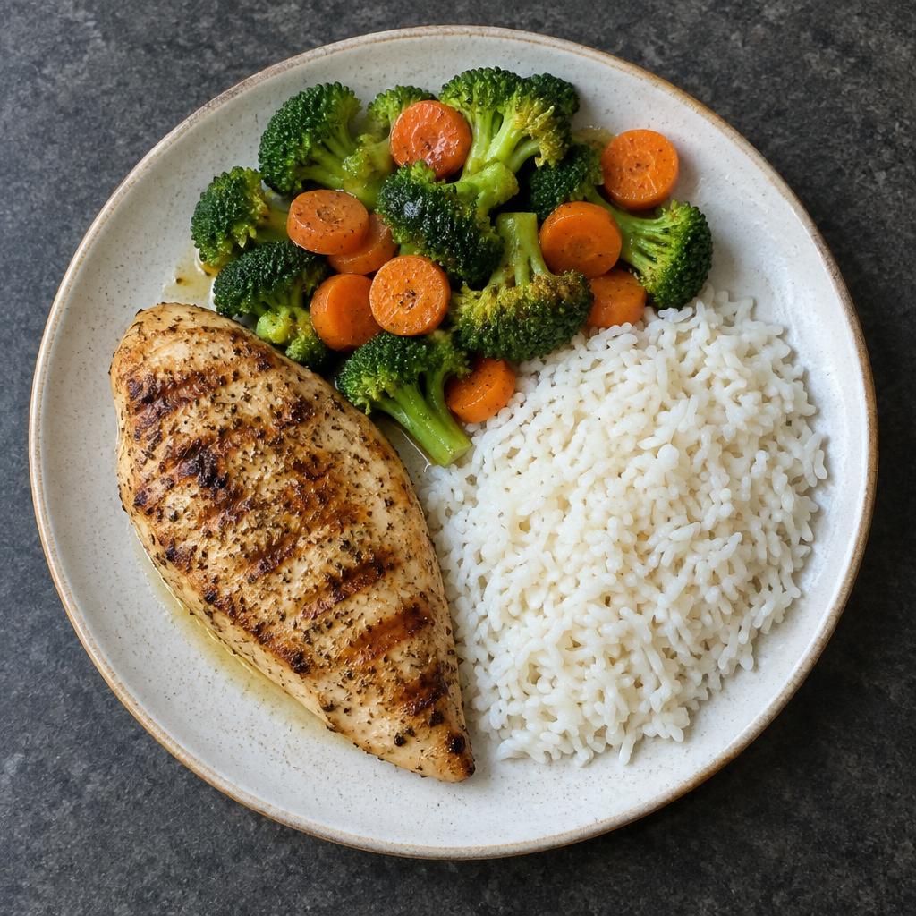 Illustrative meal of chicken, rice and vegetables